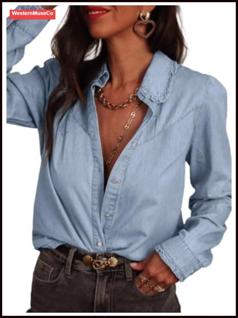 Ruffle V Neck Button Down Denim Shirt Long Sleeve Chambray Top